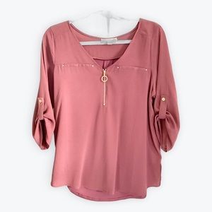New With Tag Zip Front Tab Sleeve Blouse Mauve Medium